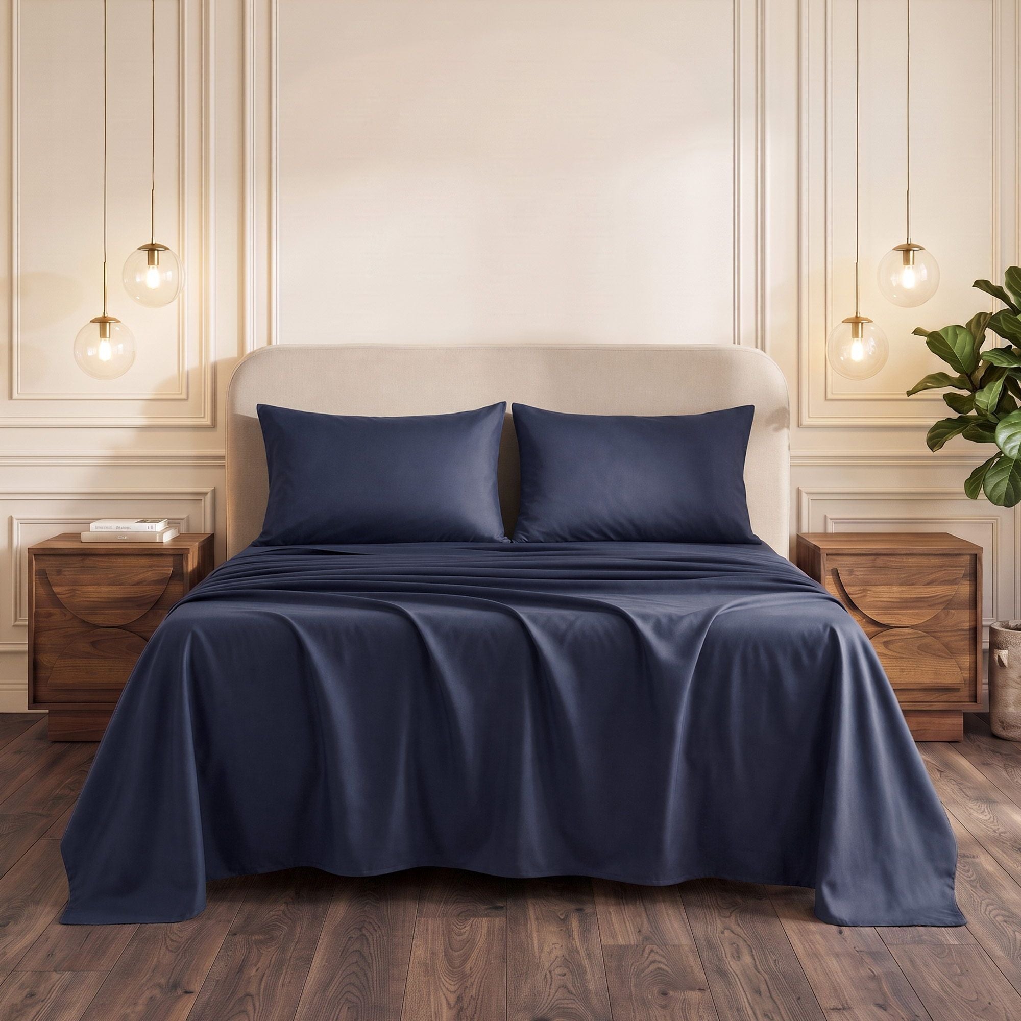 Giselle Double 500TC Cotton 4Pcs Sheet Set with 40cm Extra Deep Pocket for Thick Mattresses Sateen Weave for Sweaty Nights Navy Blue