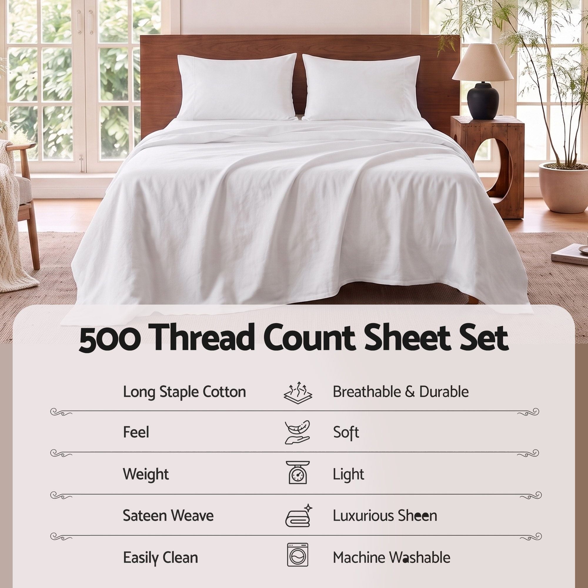 Giselle King 500TC Cotton 4Pcs Sheet Set with 40cm Extra Deep Pocket for Thick Mattresses Sateen Weave for Sweaty Nights White