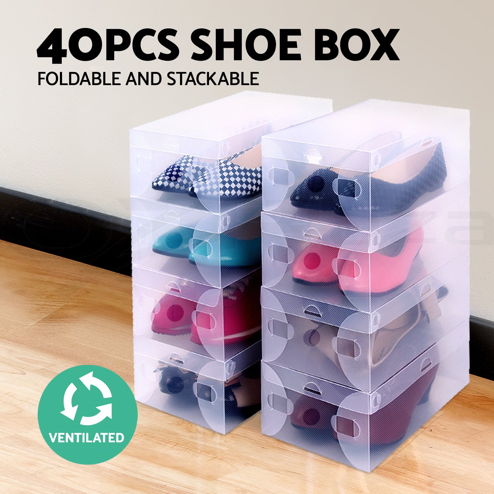 Artiss 40-Pack Clear Foldable Stackable Shoe Storage Boxes