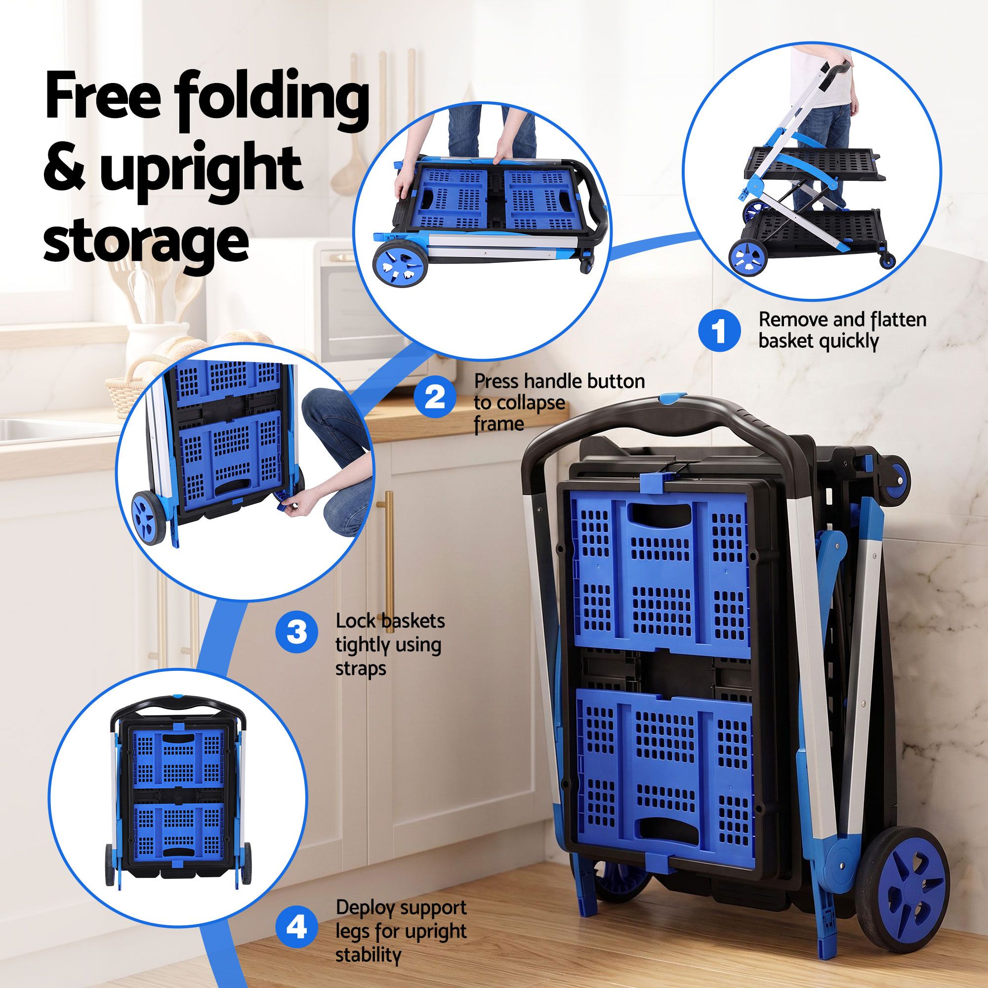 Artiss Shopping Trolley with Wheels 2 Layer w/2 Crates Foldable Trolley Blue