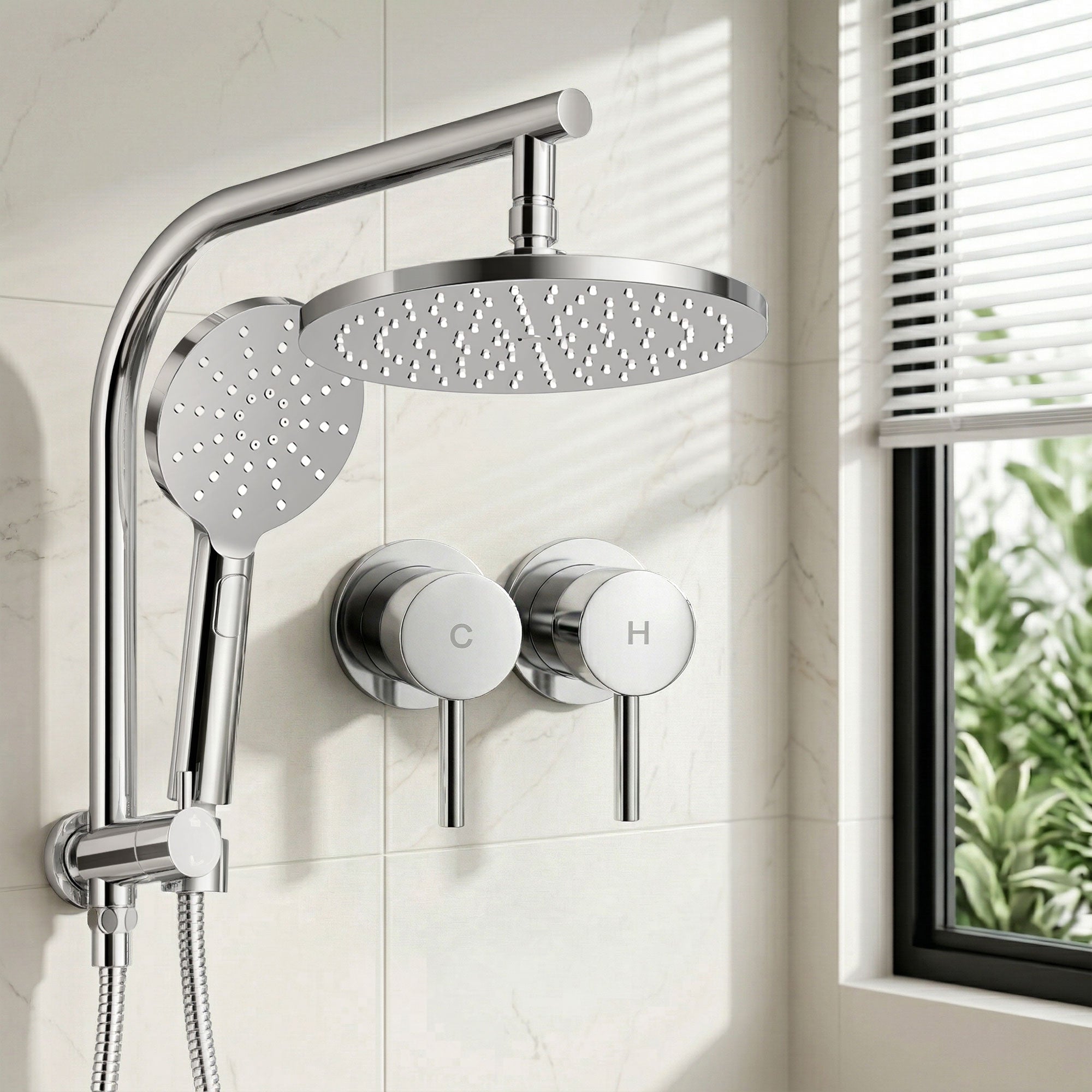 Cefito 9'' Rain Shower Head Set Handheld Round High Pressure Twins Tap Chrome