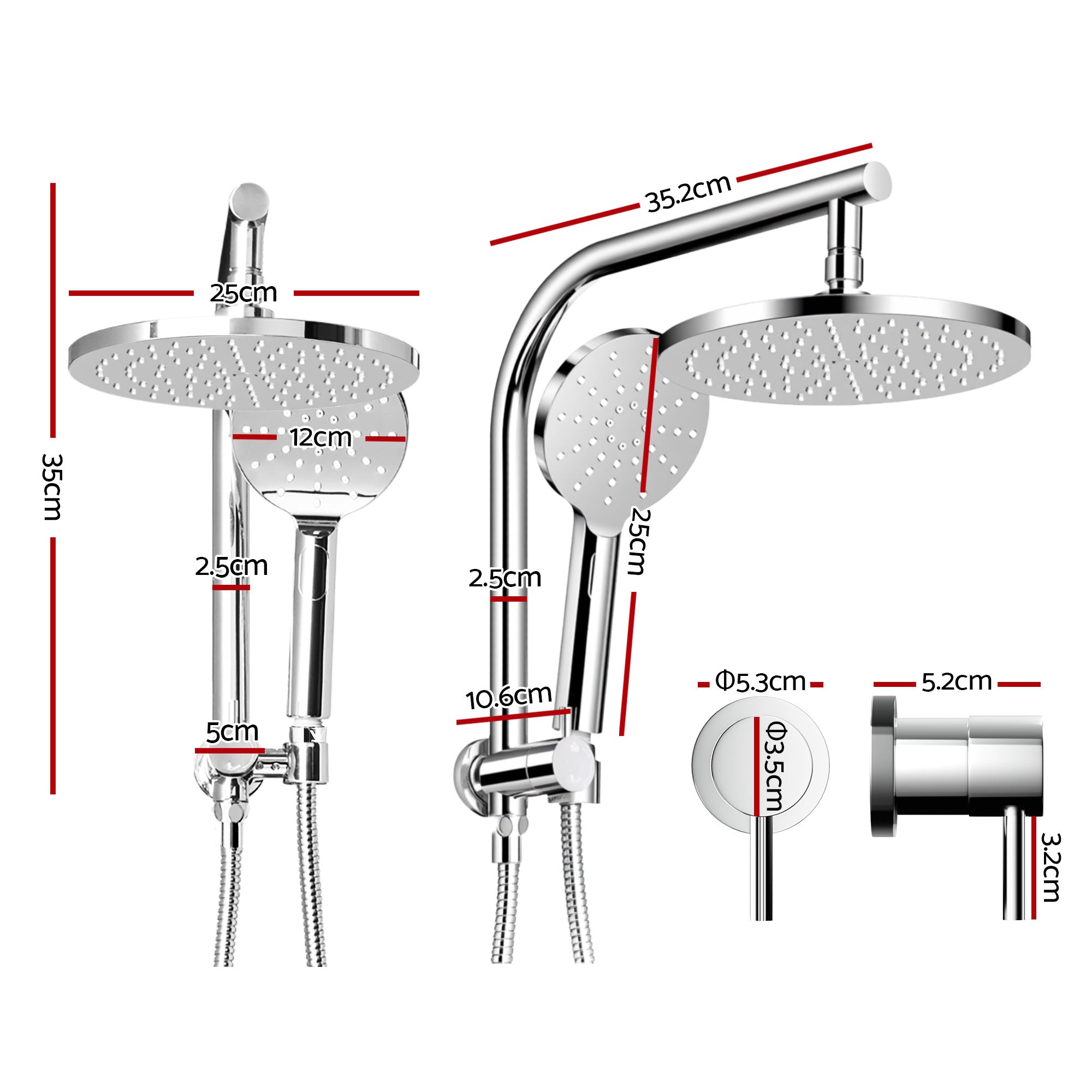 Cefito 9'' Rain Shower Head Set Handheld Round High Pressure Twins Tap Chrome