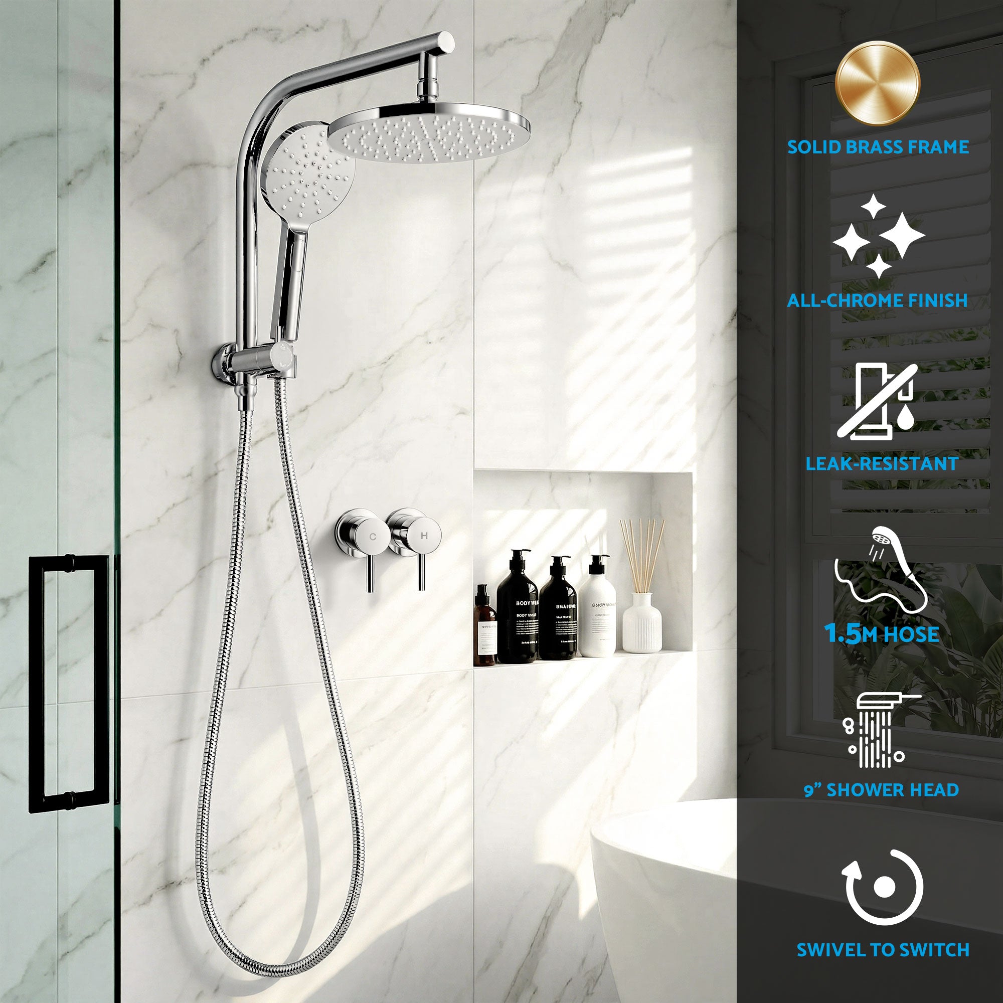 Cefito 9'' Rain Shower Head Set Handheld Round High Pressure Twins Tap Chrome