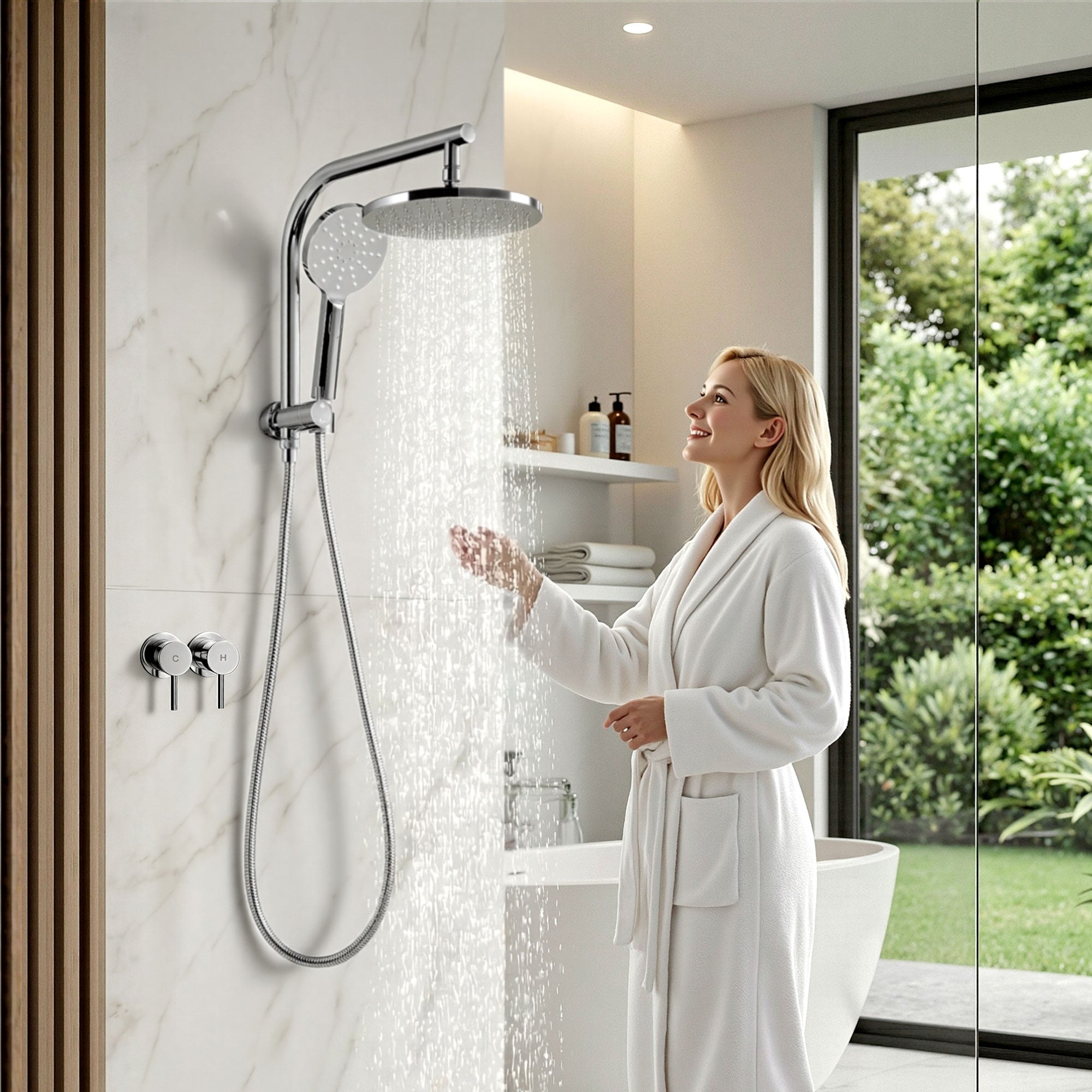 Cefito 9'' Rain Shower Head Set Handheld Round High Pressure Twins Tap Chrome