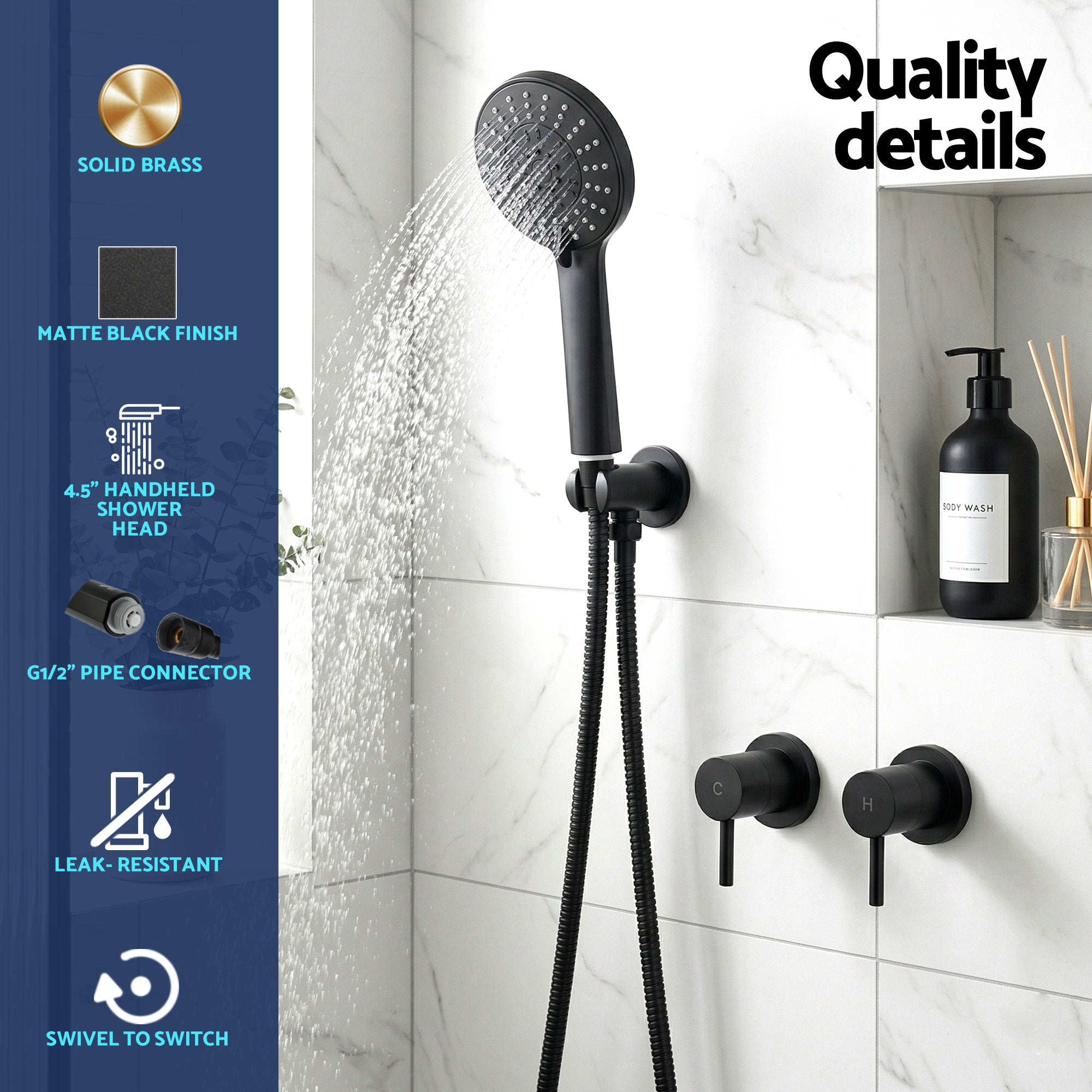 Cefito 4.5" Handheld Shower Head Round with Wall Twin Swivel Bathroom Tap