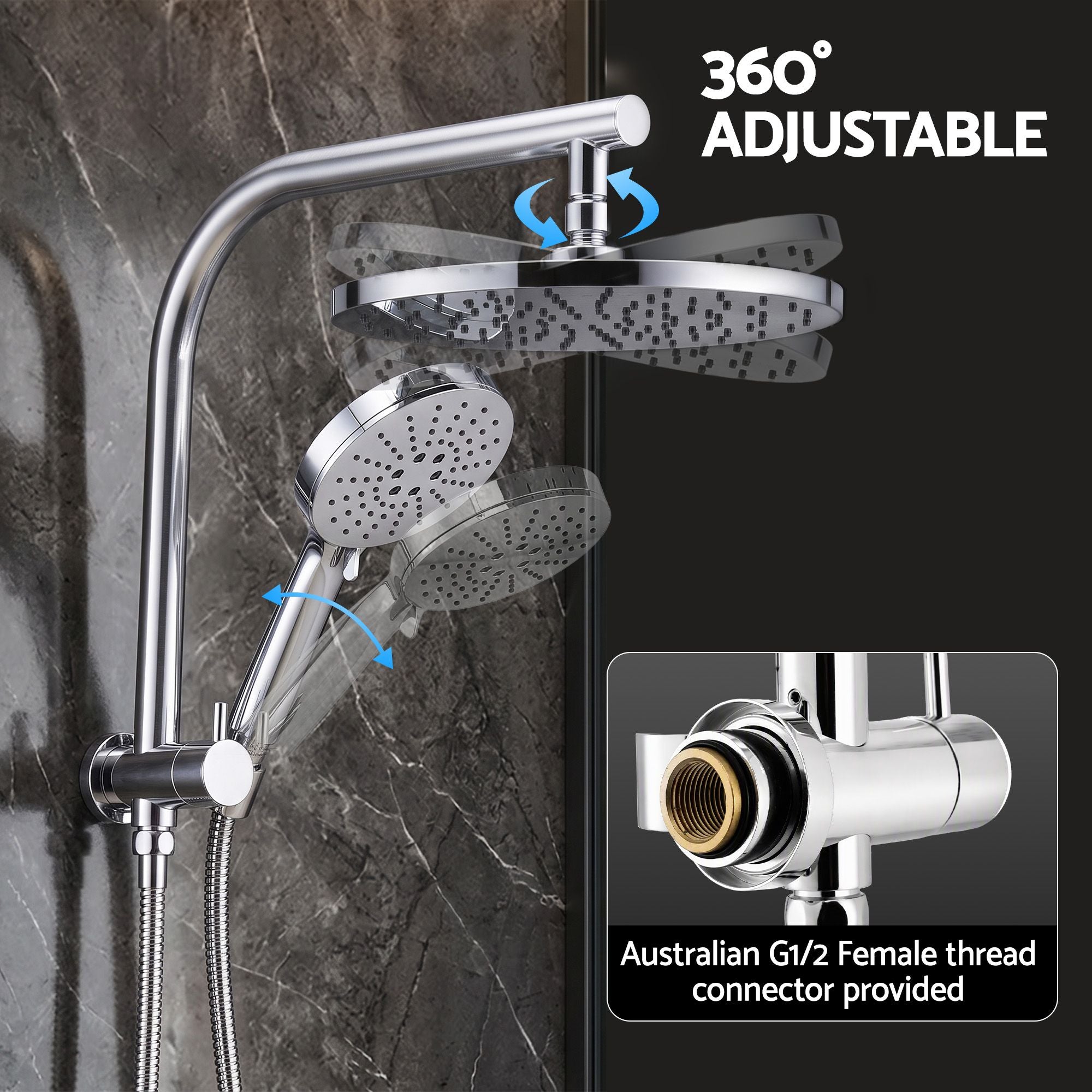 Cefito High-Pressure Shower Heads with Anti-burst 1.5m Hose & 304 S.S Rail, Ideal for Bathroom Upgrades and Pet Washing, 10 Inch Rain & 3-Function Combo