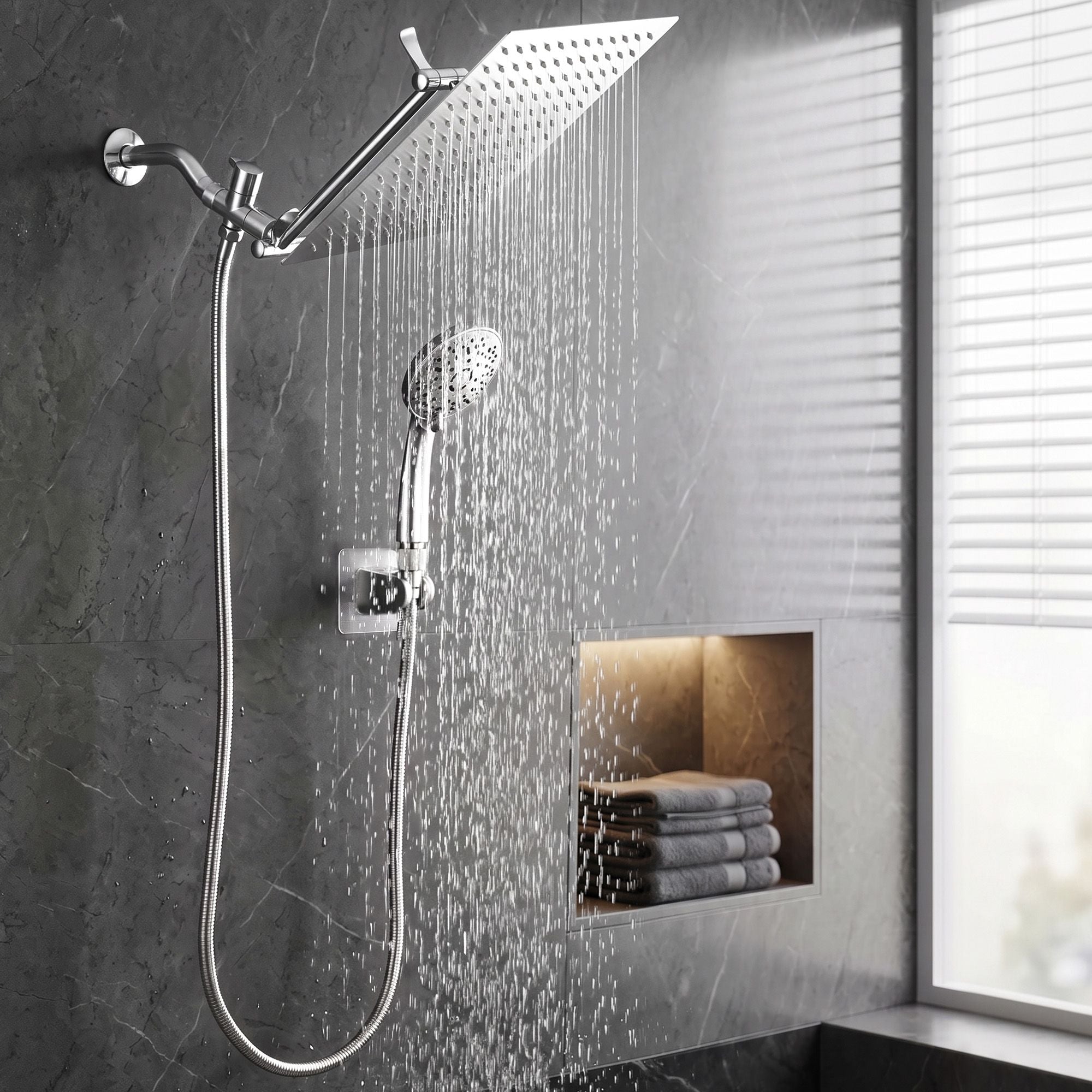 Cefito High-Pressure Rain Shower Head with Handheld, Gear-Lock Anti-Sag Arm for Family Spa, 12" Stainless Steel Rainfall & 9-Setting Wand Combo, 3-Way Diverter, Drill-Free Adhesive Bracket