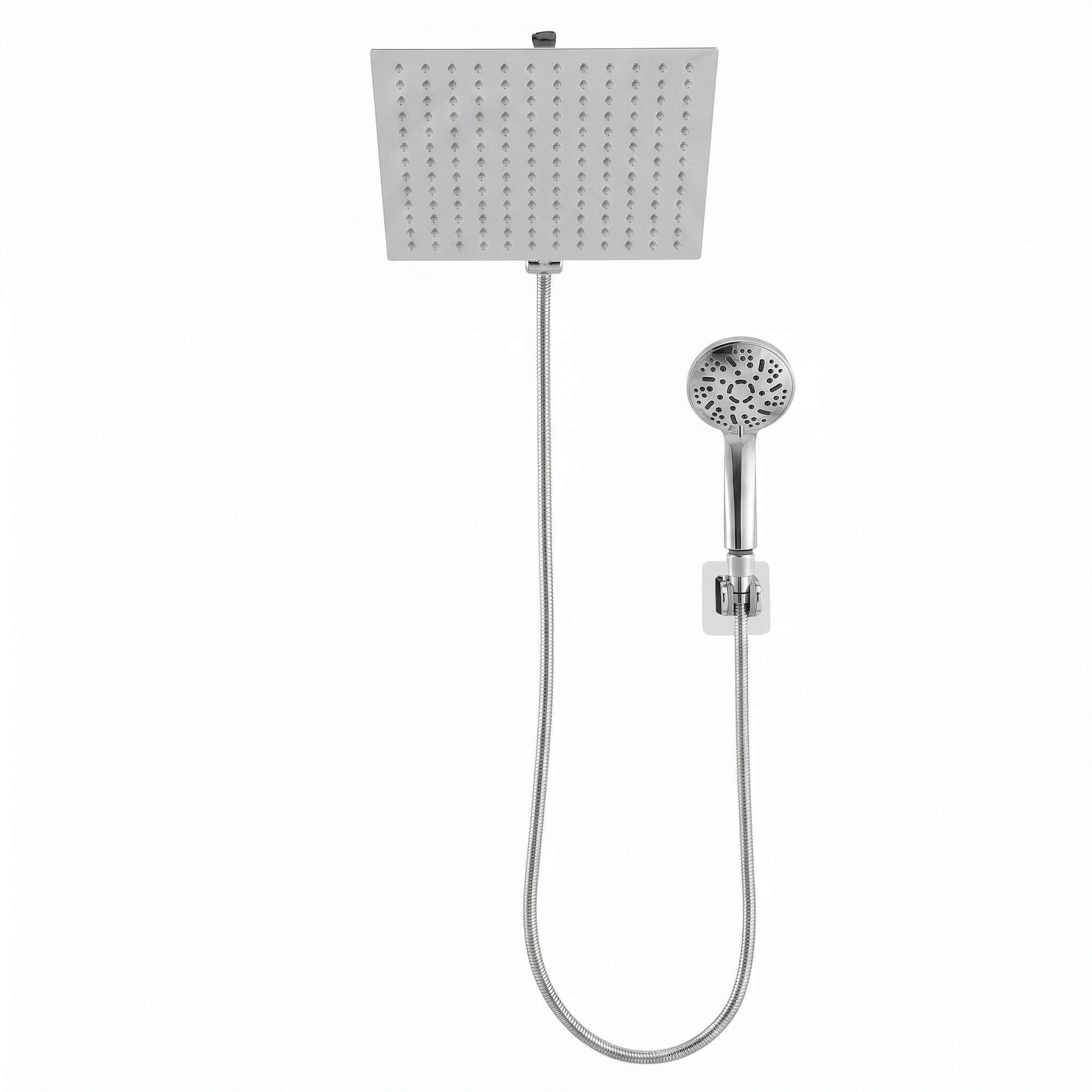 Cefito High-Pressure Rain Shower Head with Handheld, Gear-Lock Anti-Sag Arm for Family Spa, 12" Stainless Steel Rainfall & 9-Setting Wand Combo, 3-Way Diverter, Drill-Free Adhesive Bracket
