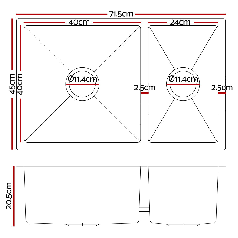 Cefito Double Bowl Kitchen Sink 71x45cm Stainless Steel Silver