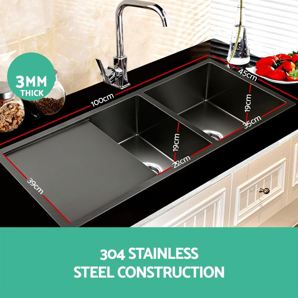 Cefito 100x45cm Double Bowl Kitchen Sink Stainless Steel Black