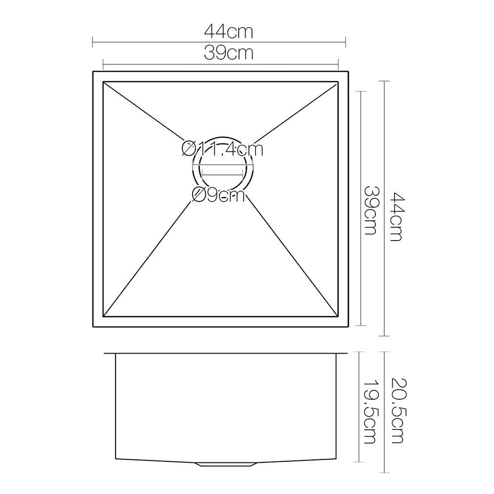 Cefito 44x44cm Single Bowl Kitchen Sink Stainless Steel Black