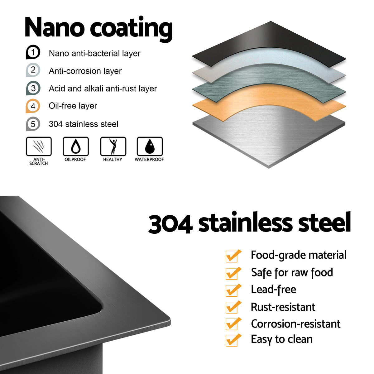 Cefito Single Bowl Stainless Steel Kitchen Sink 750mm x 450mm Black
