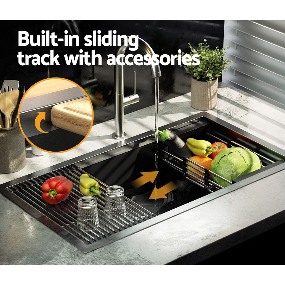 Cefito 81x45cm Kitchen Sink Stainless Steel Single Bowl Black