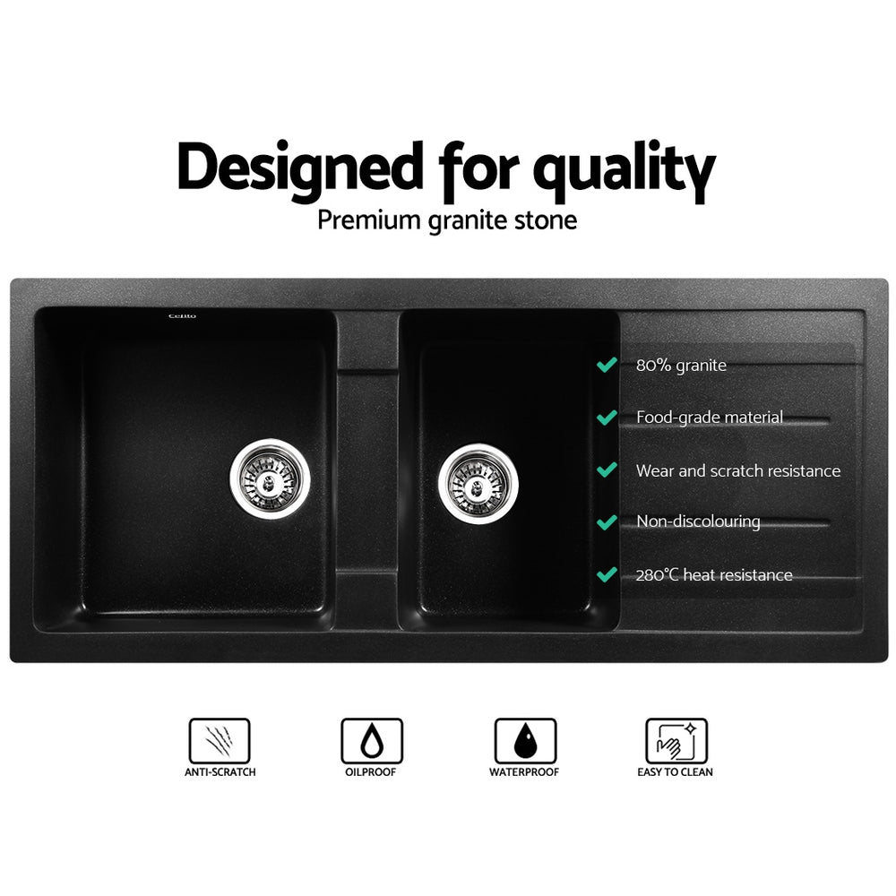 Cefito Double Bowl Kitchen Sink 116cm Granite Under/Topmount Black