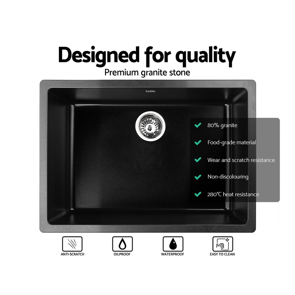 Cefito 610x470mm Granite Kitchen Sink Black