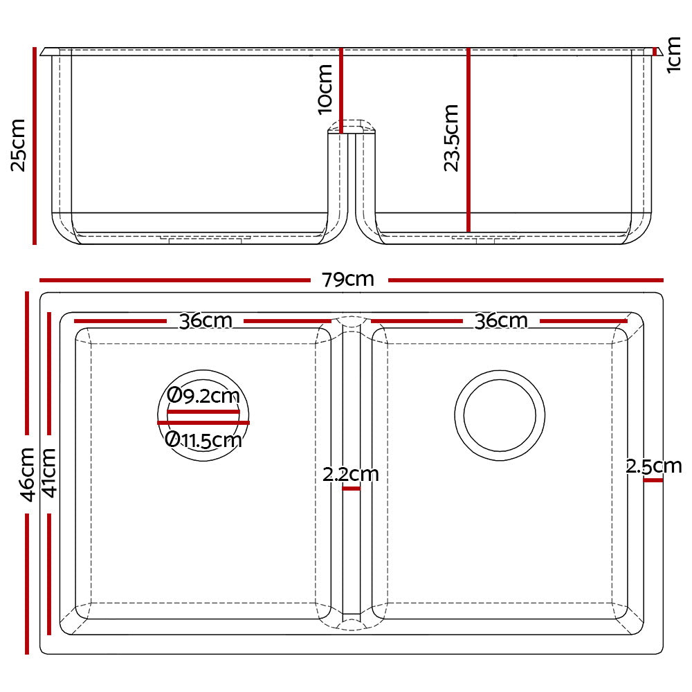 Cefito 790x460mm Double Bowl Kitchen Sink Granite Black