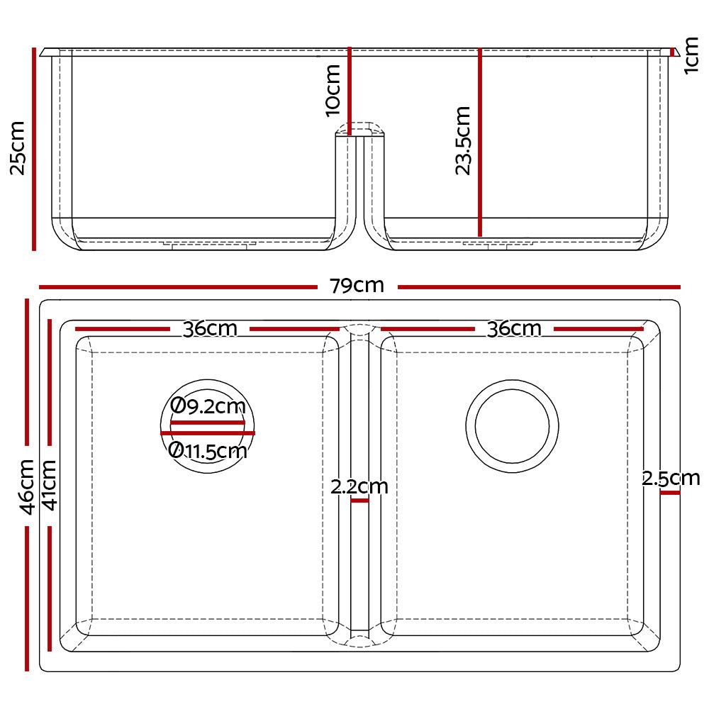 Cefito 790x460mm Double Bowl Kitchen Sink Granite Under/Topmount White