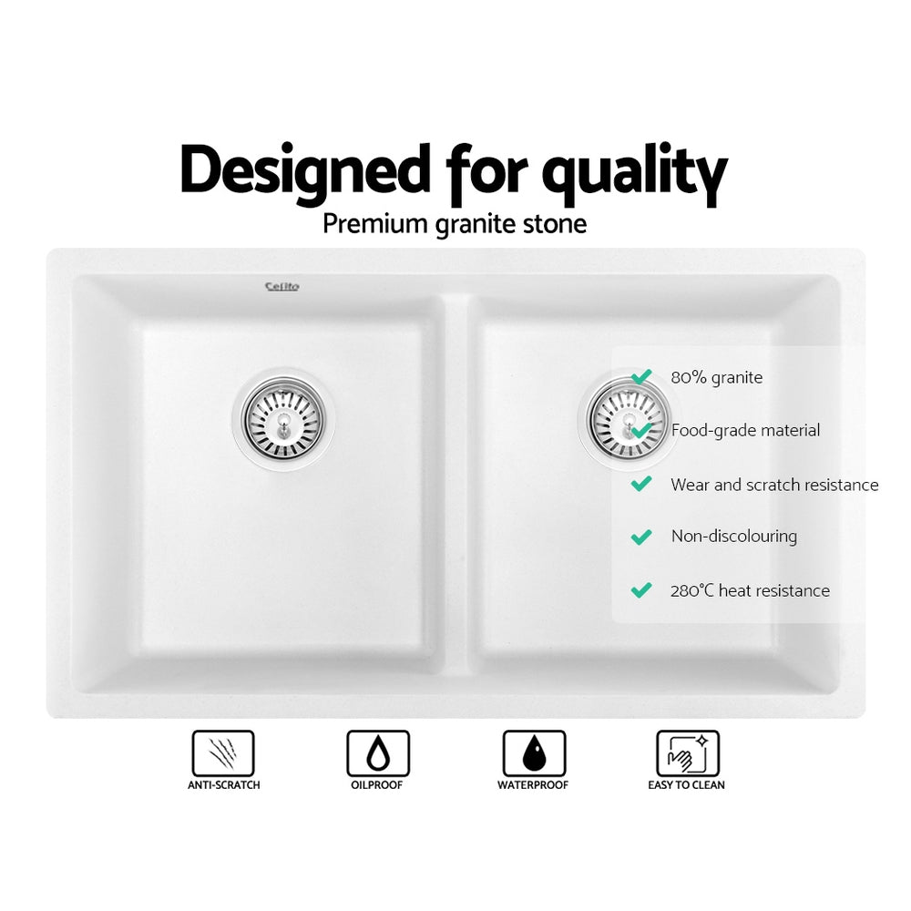 Cefito 790x460mm Double Bowl Kitchen Sink Granite Under/Topmount White