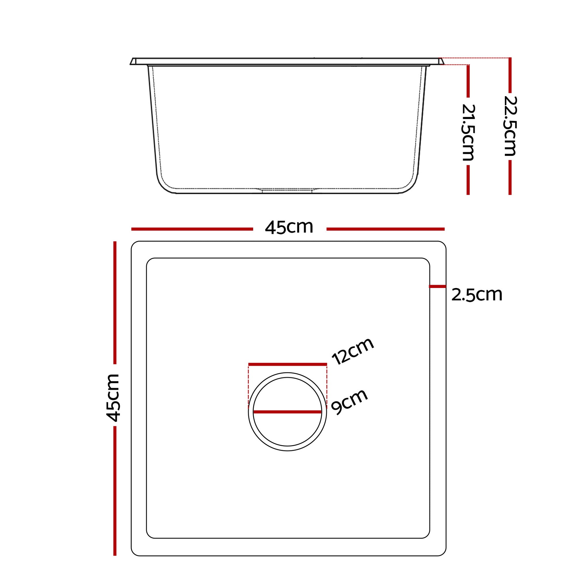 Cefito Kitchen Sink 45x45cm Granite Stone Sink Single Bowl Black
