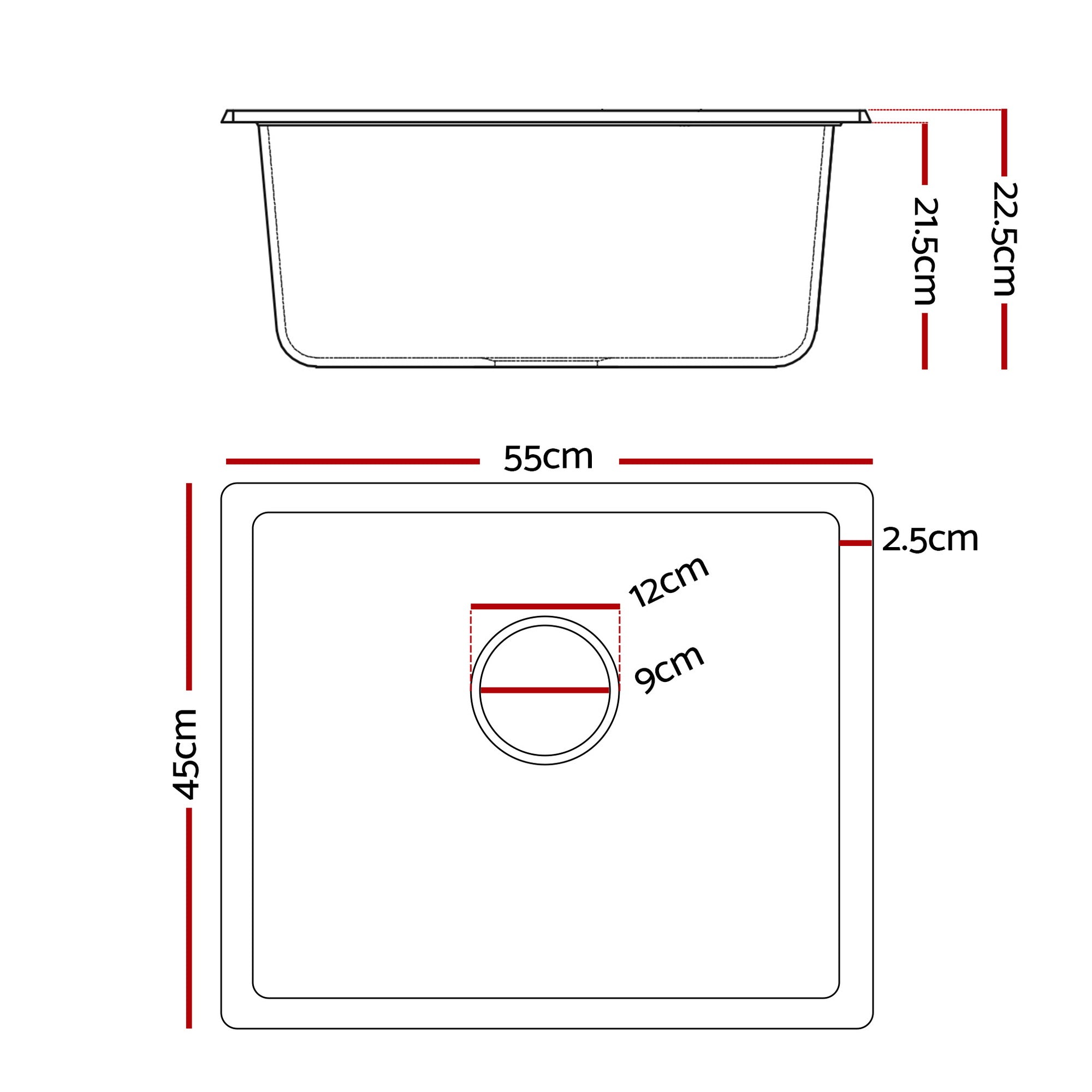 Cefito Kitchen Sink 55x45cm Granite Stone Sink Single Bowl Black