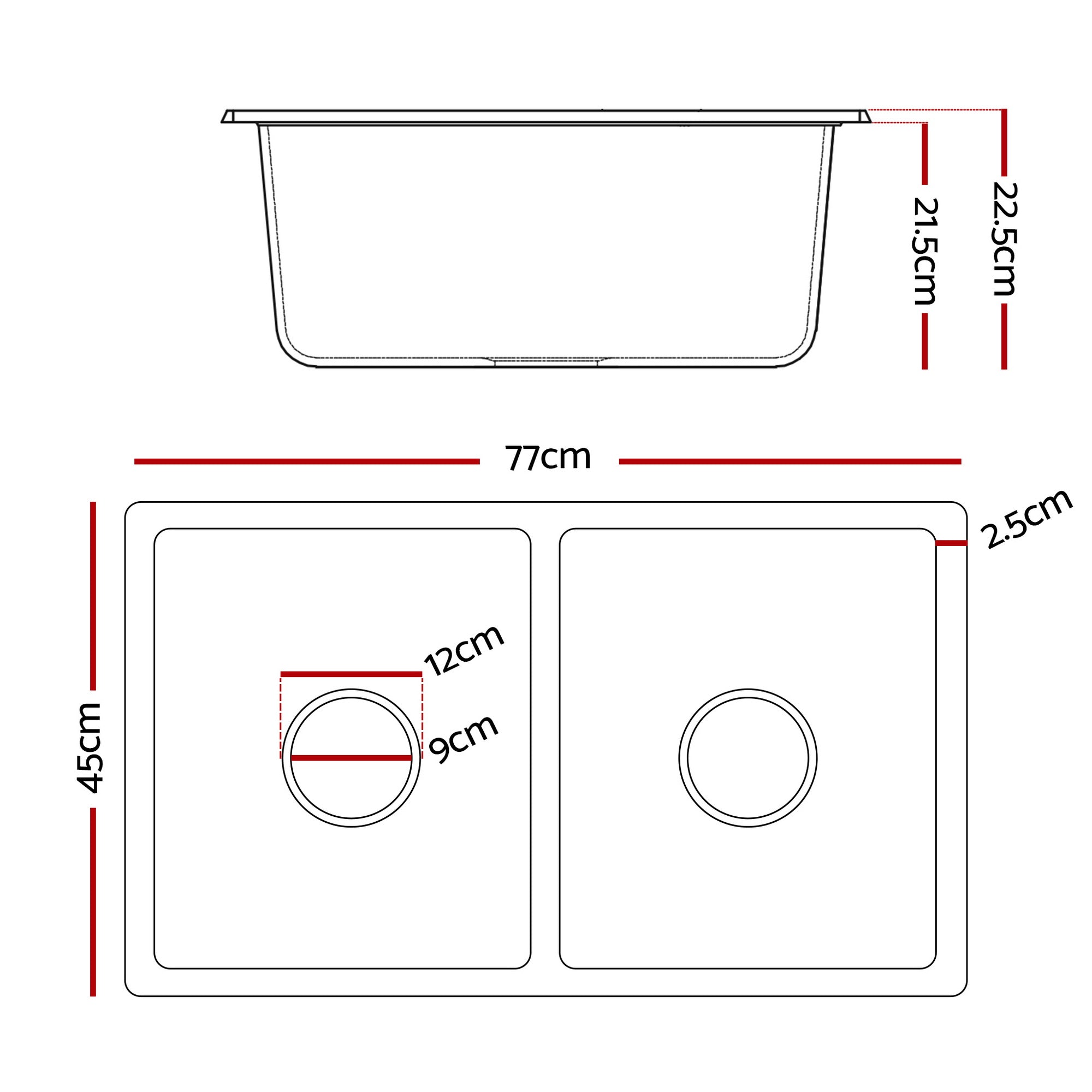 Cefito Kitchen Sink 77x45cm Granite Stone Sink Double Bowl White