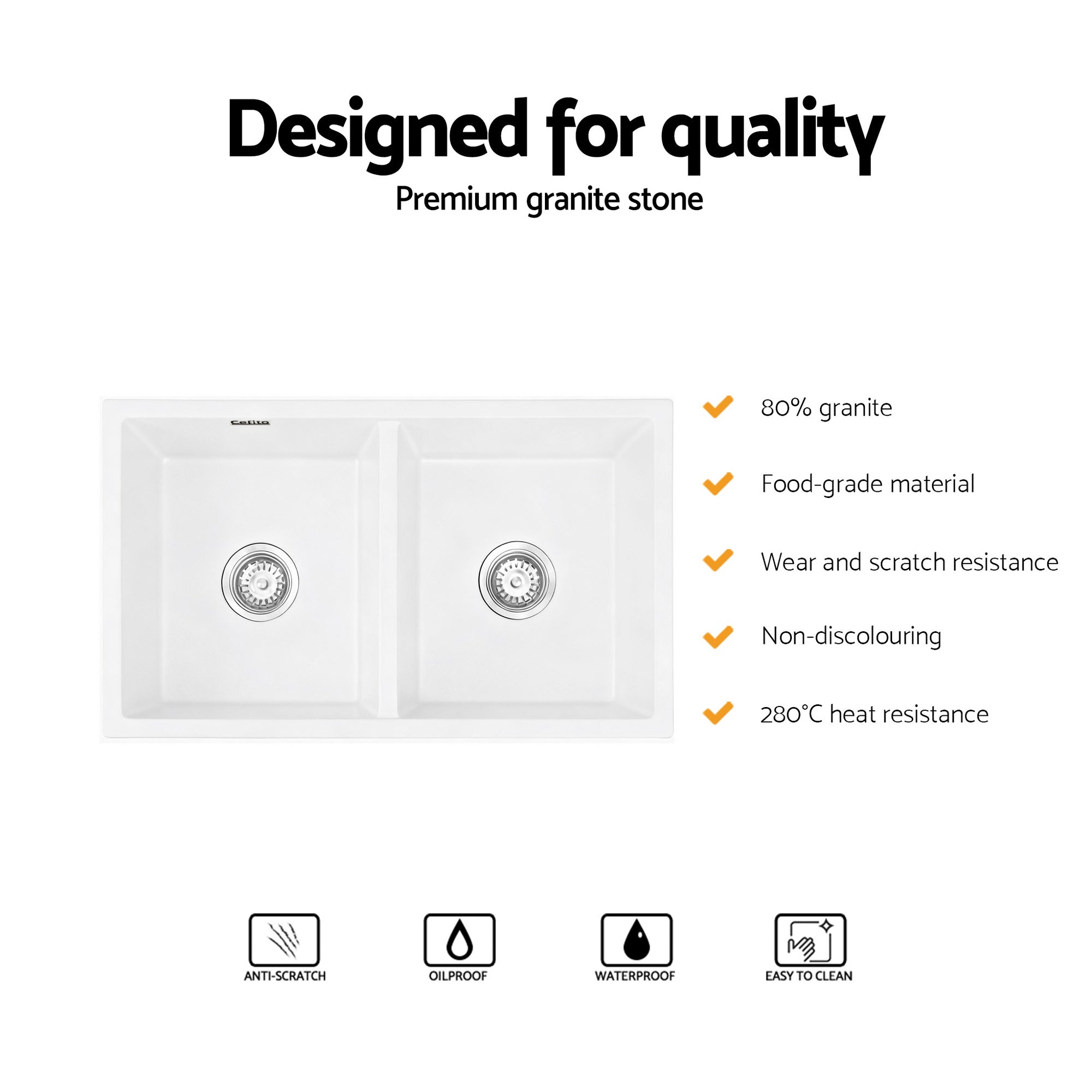 Cefito Kitchen Sink 77x45cm Granite Stone Sink Double Bowl White