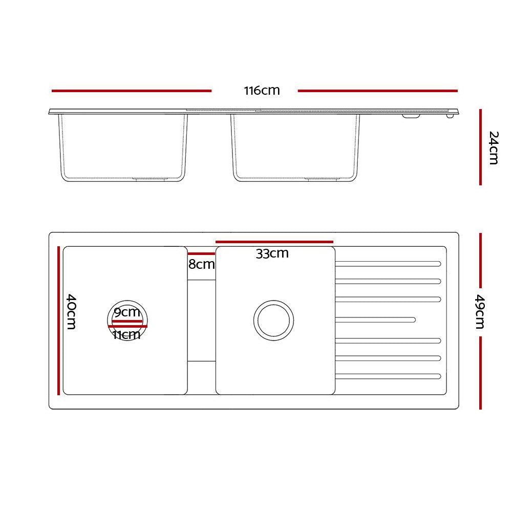 Cefito Double Bowl Granite Kitchen Sink 116x49cm Black