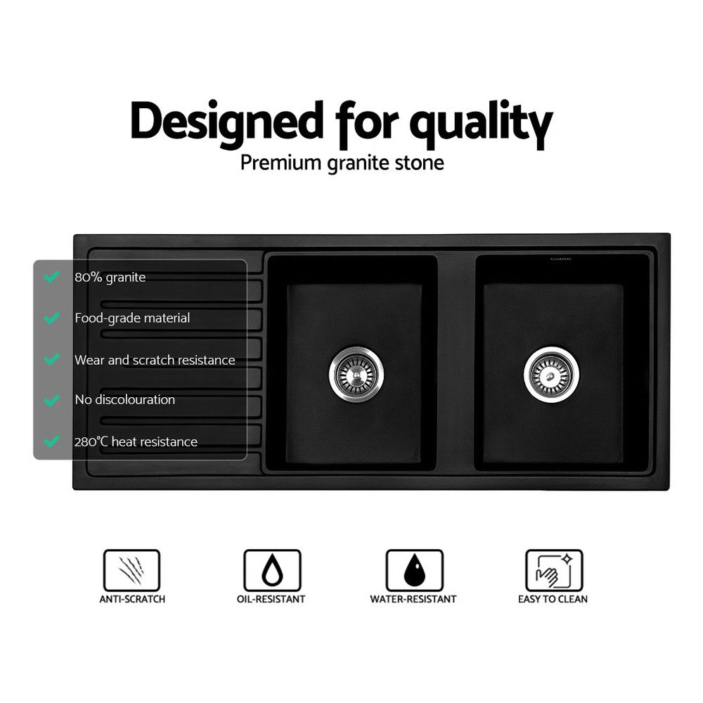 Cefito Double Bowl Granite Kitchen Sink 116x49cm Black