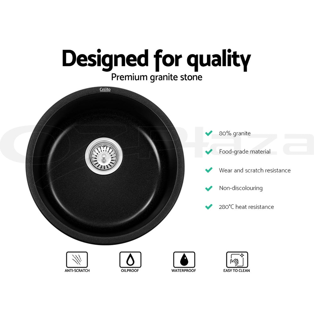 Cefito Round Granite Stone Kitchen Sink 430mm Black