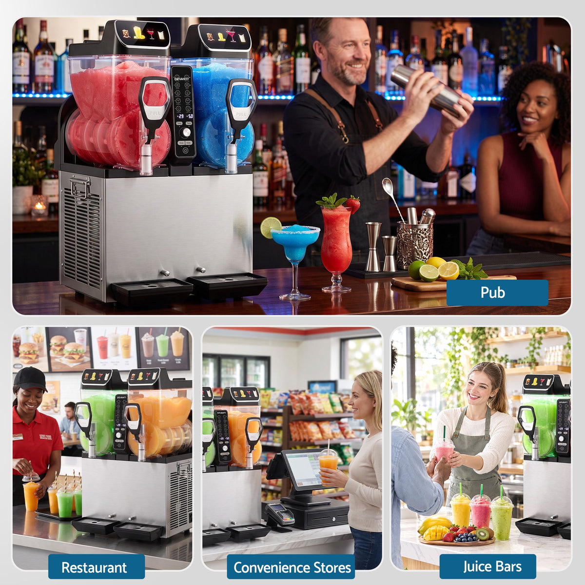 Devanti Commercial Slushie Machine 15L x2 Frozen Drink Maker Dual Tank Silver