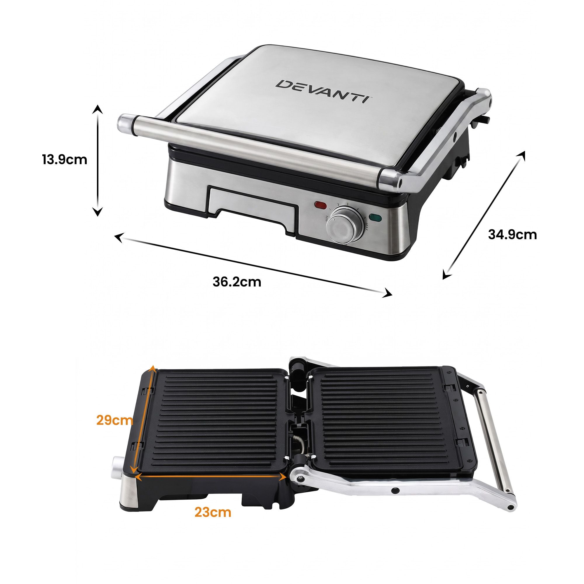 Devanti 2000W 3-in-1 Panini Press Grill Sandwich Maker 180° Open 4 Slice