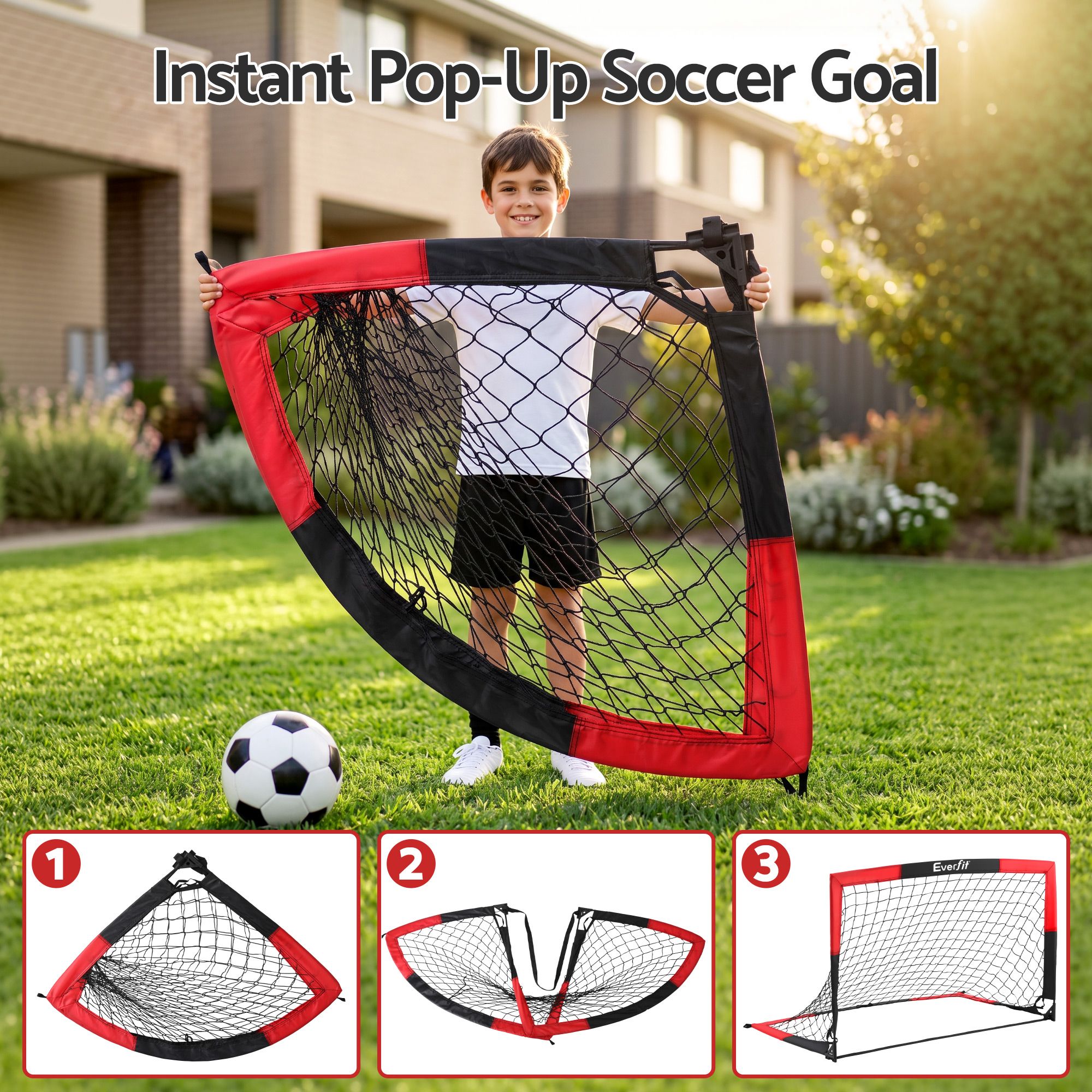 Everfit Pop Up Soccer Goal Nets Heavy Duty Portable Kids Training Set 2 Pcs Red