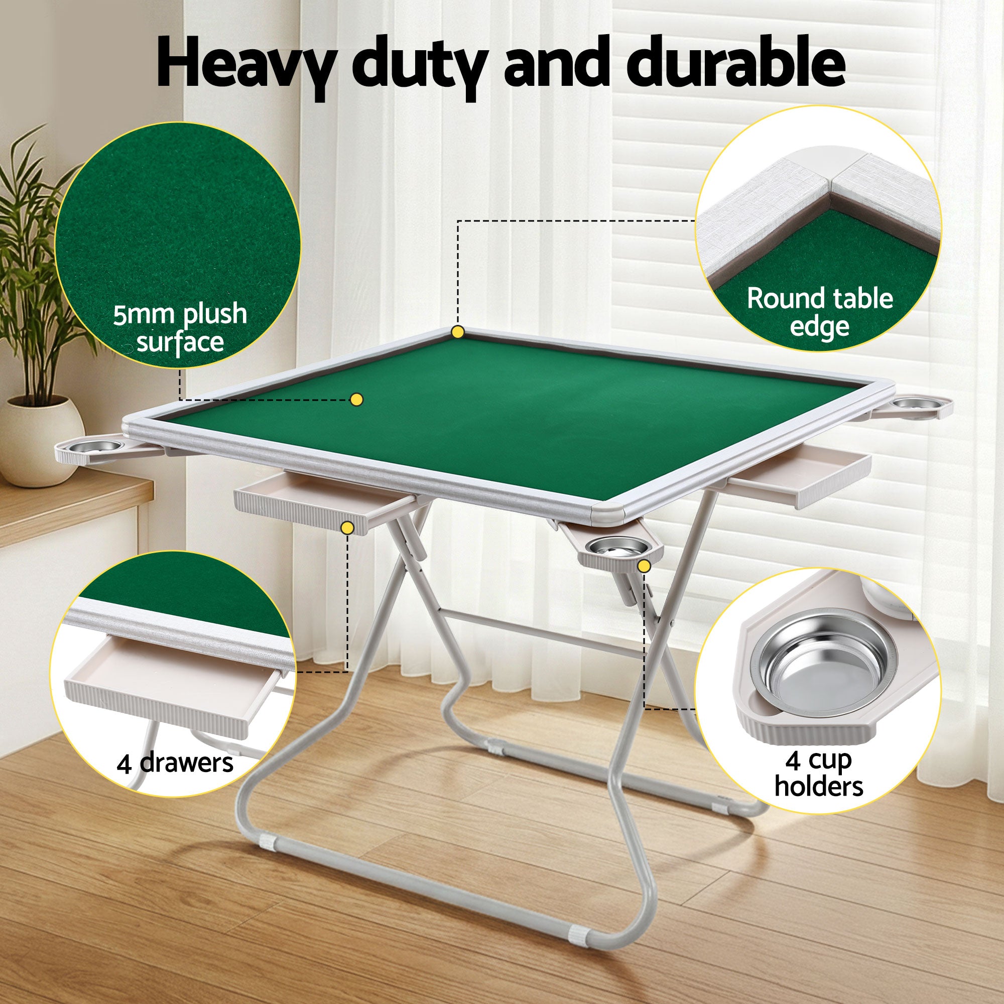 Folding Mahjong Table for Home with 4 Drawers and Cup Holders Green
