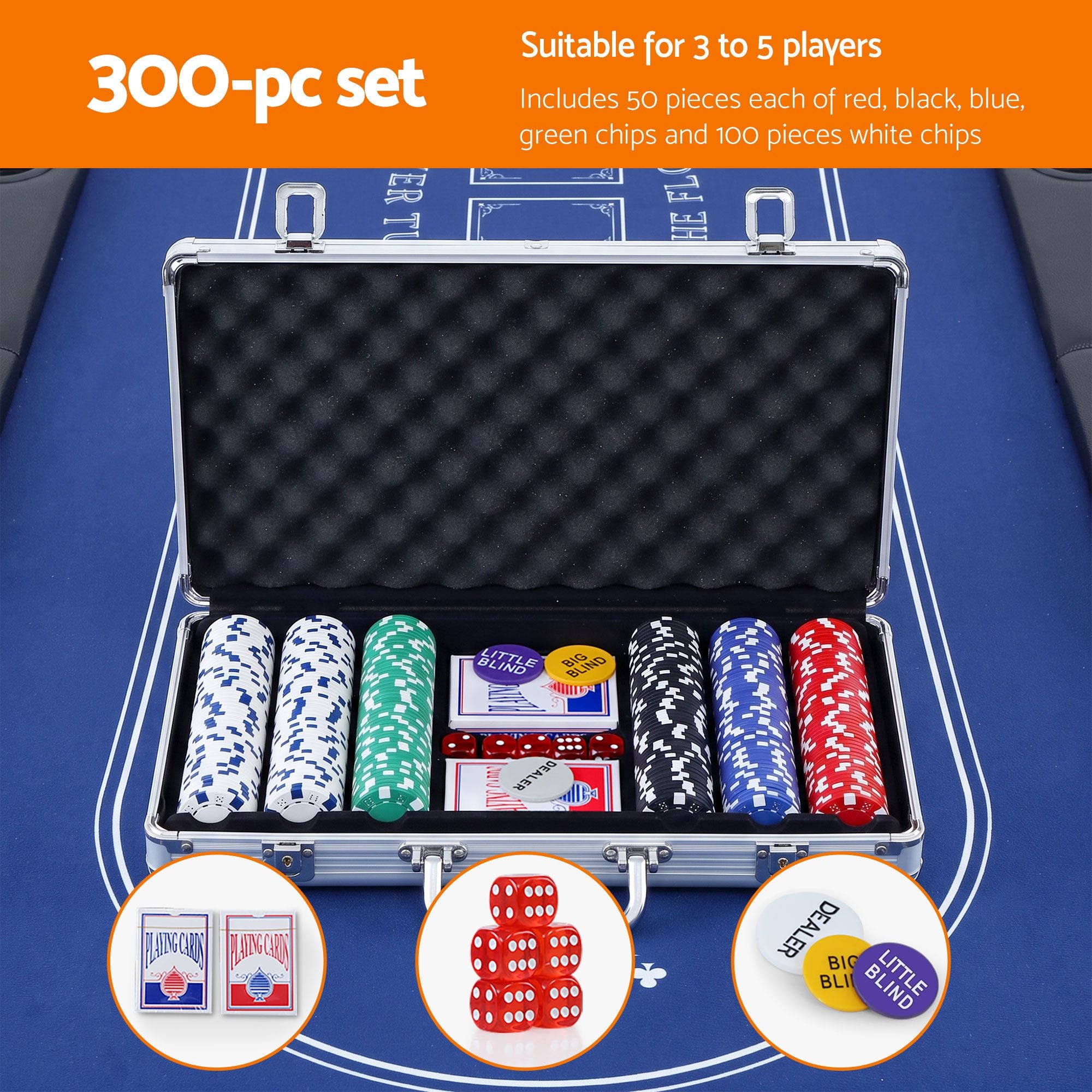 8 Player 1.8m Folding Poker Table and 300pcs Chips Set Portable Card Game Blue Layout Blue