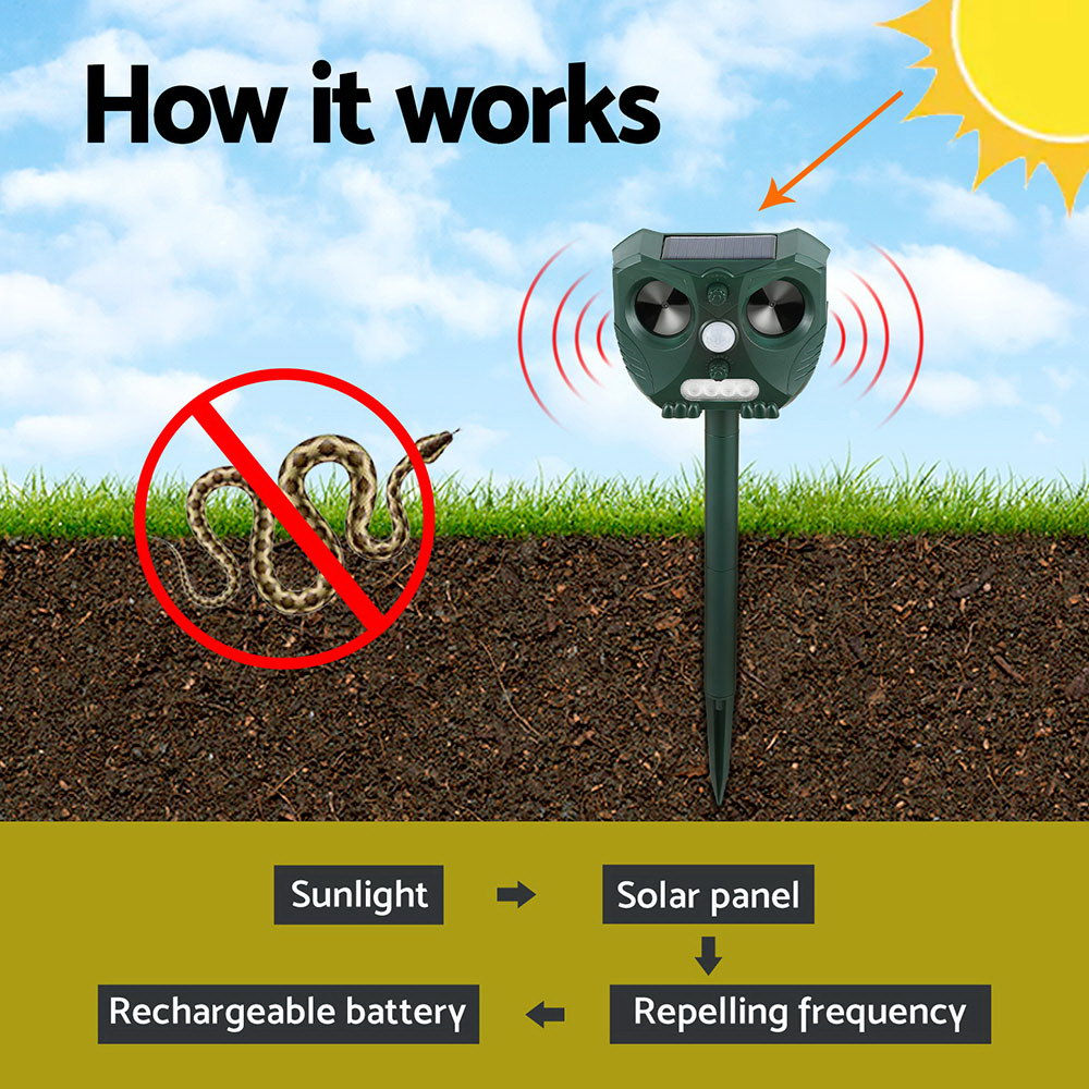 Solar Powered Ultrasonic Snake Repeller, LED, Water Resistant