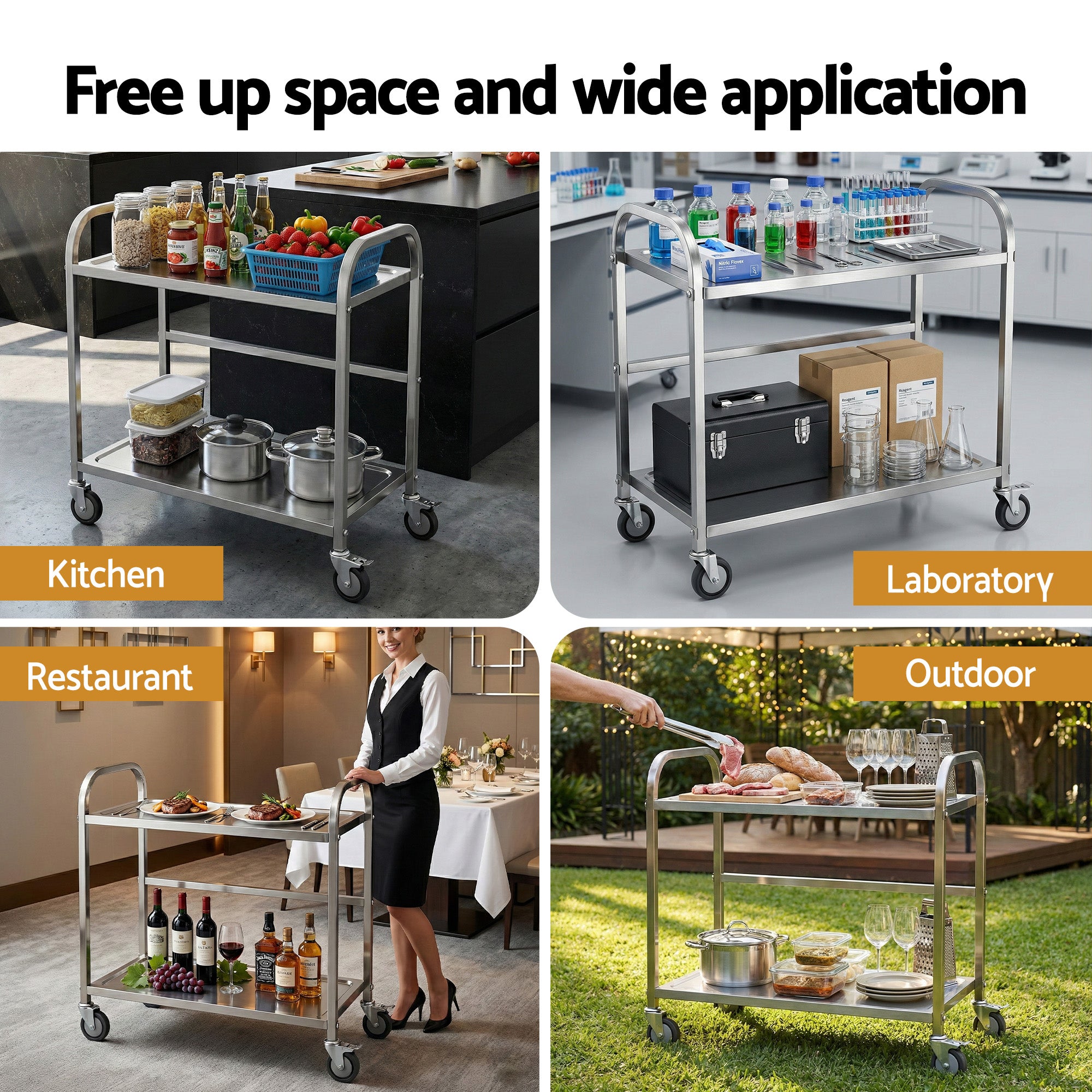 Cefito 2-Tier Stainless Steel Kitchen Trolley with Wheels 84x56x98cm