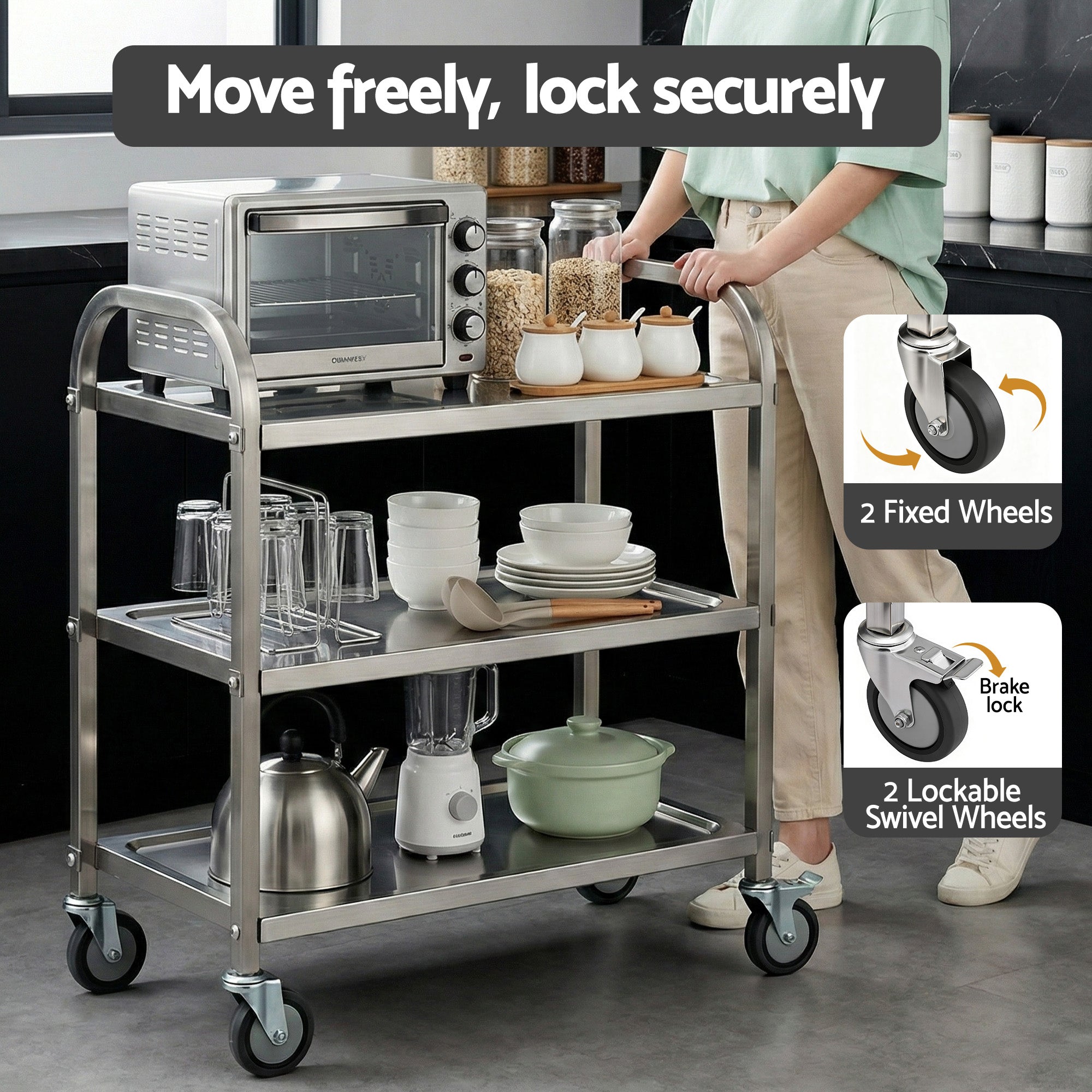 Cefito 3-Tier Stainless Steel Kitchen Trolley with Wheels 89X50X83cm