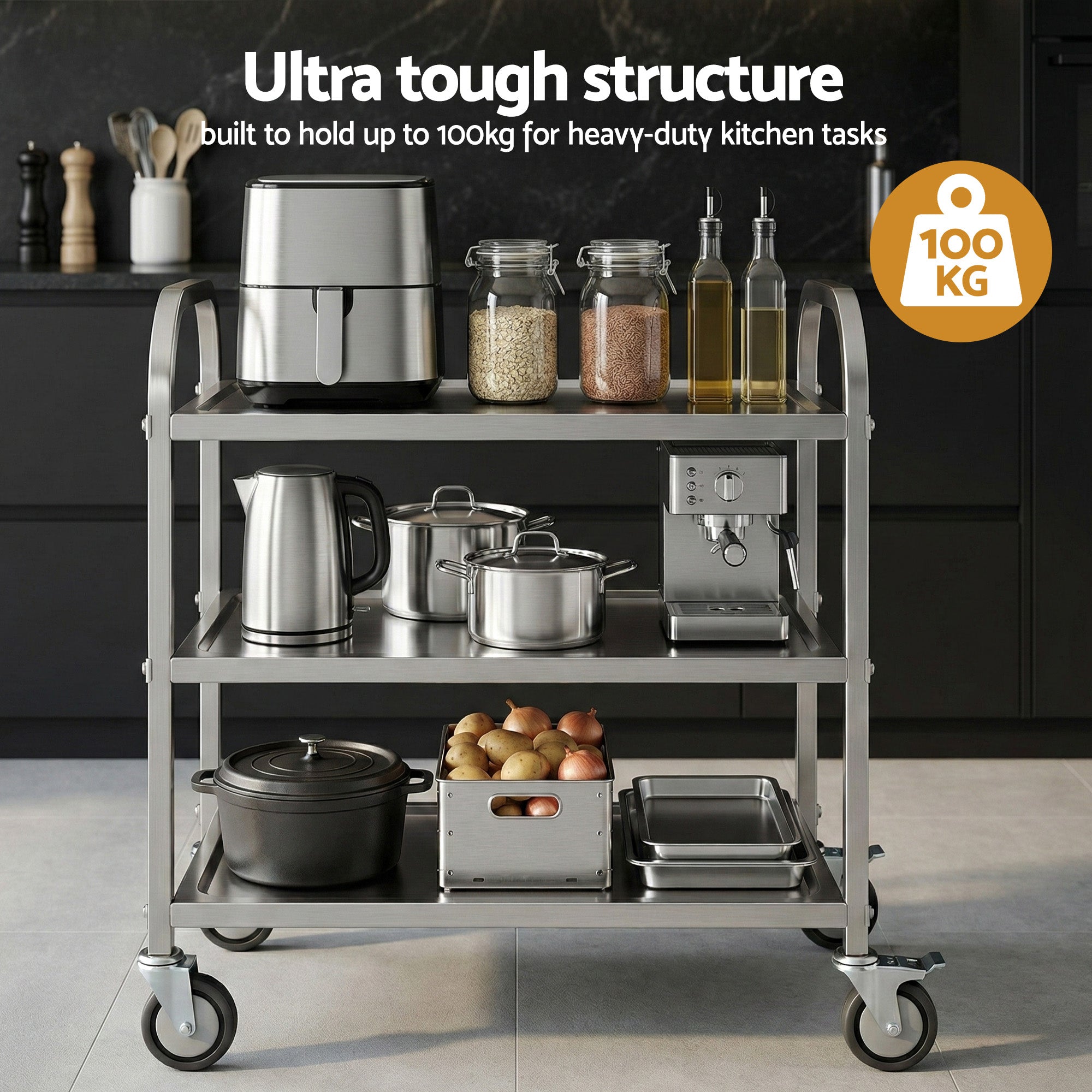 Cefito 3-Tier Stainless Steel Kitchen Trolley with Wheels 89X50X83cm