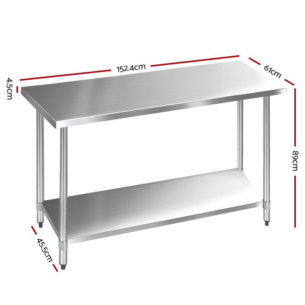 Cefito 1524x610mm Stainless Steel Kitchen Bench Heavy Duty Commercial