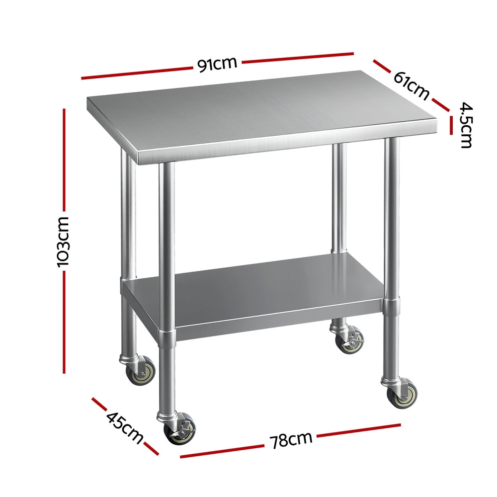 Heavy Duty Stainless Steel Kitchen Bench 91x61CM w/ Wheels - Cefito