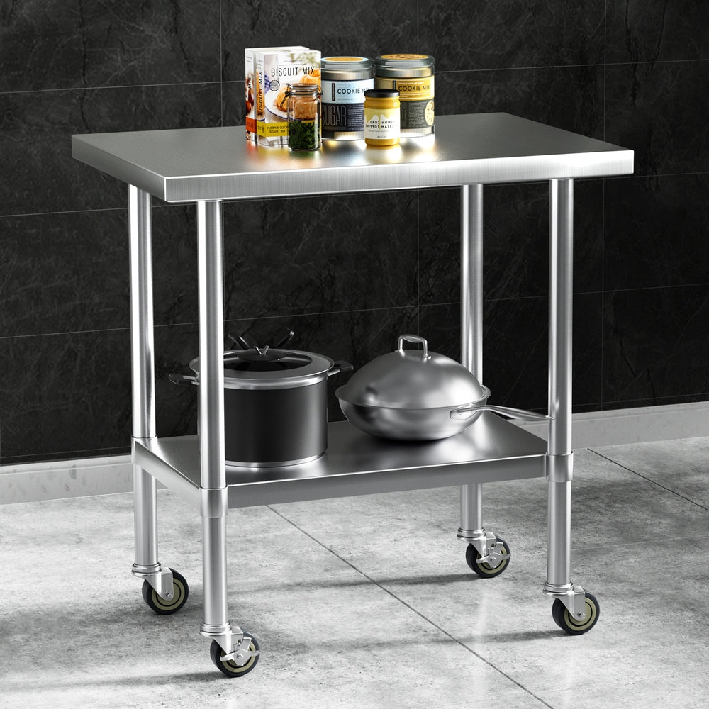 Heavy Duty Stainless Steel Kitchen Bench 91x61CM w/ Wheels - Cefito