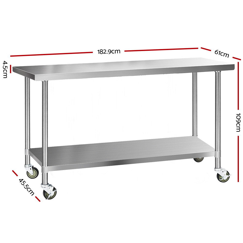 Cefito 1829x610mm Stainless Steel Kitchen Bench with Wheels