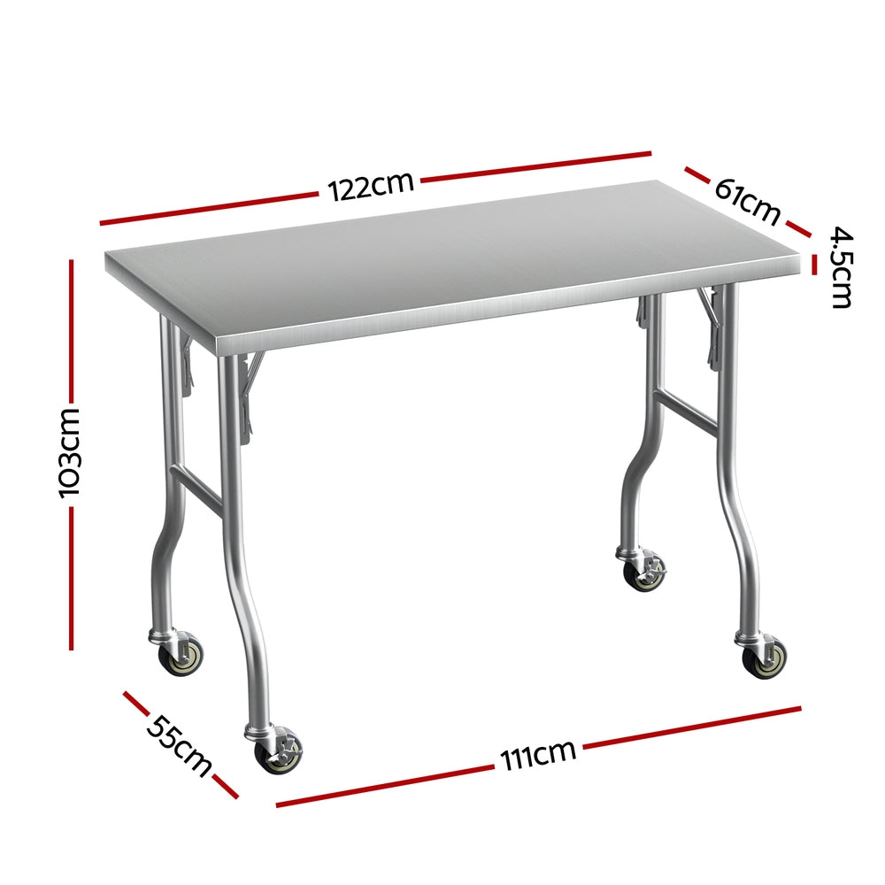 Heavy Duty Stainless Steel Kitchen Bench 122x61CM w/ Wheels Cefito