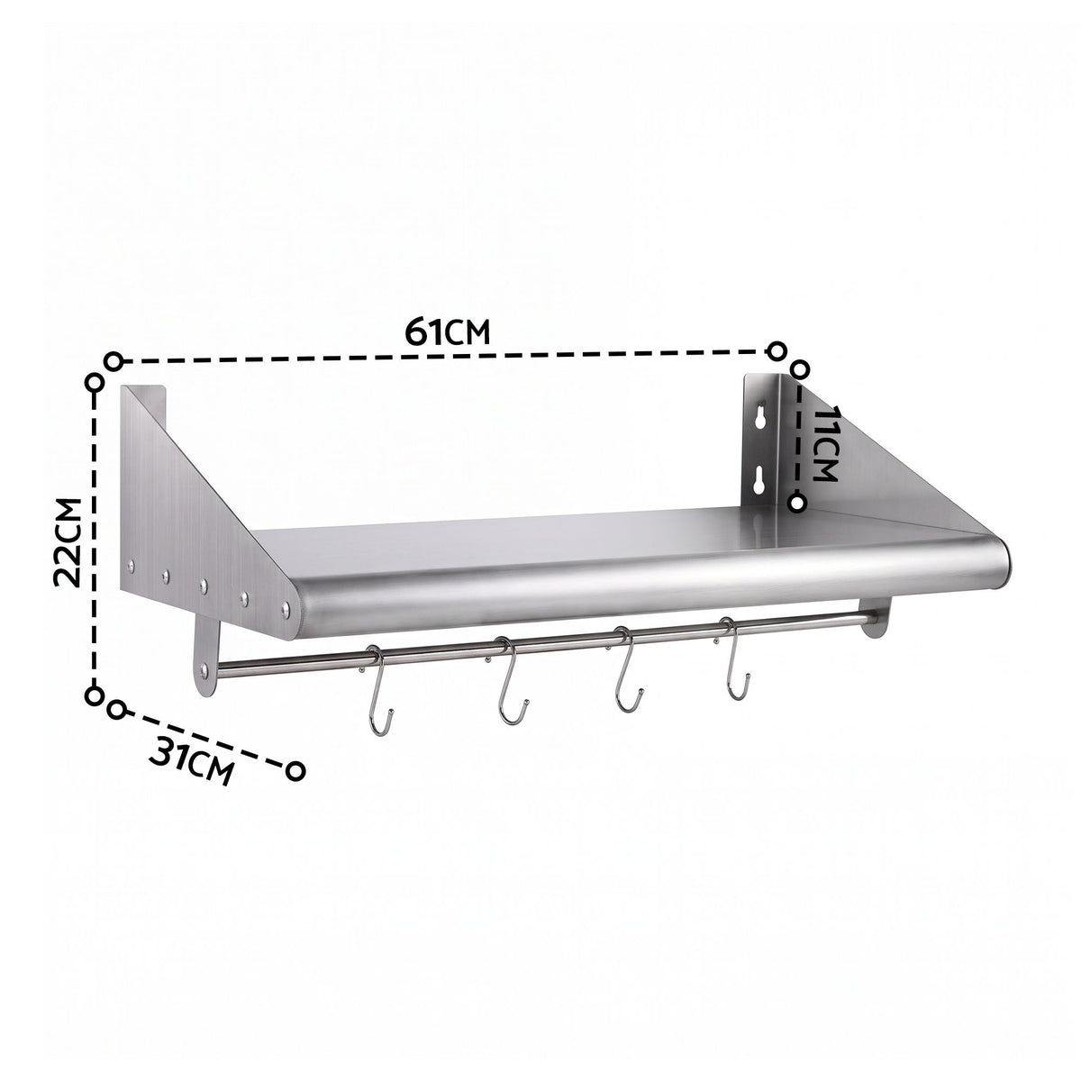 Cefito 610mm Stainless Steel Wall Shelf with Hooks and Side Guards