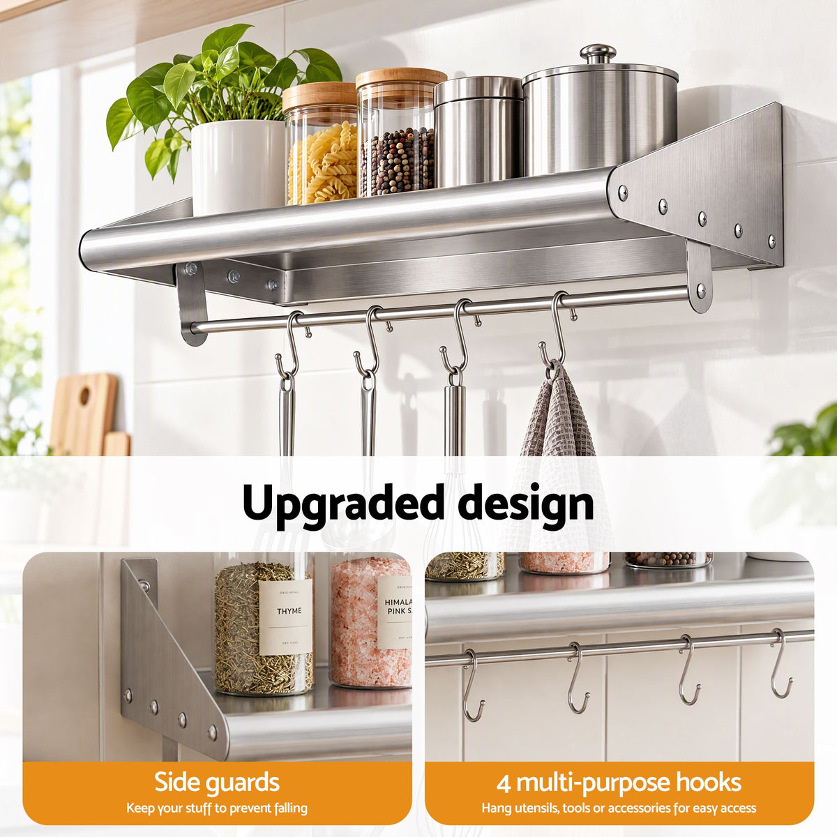 Cefito 610mm Stainless Steel Wall Shelf with Hooks and Side Guards