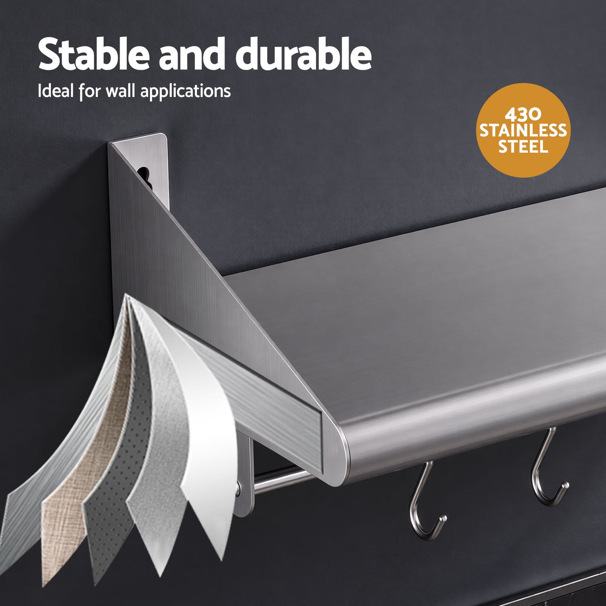 Cefito 610mm Stainless Steel Wall Shelf with Hooks and Side Guards