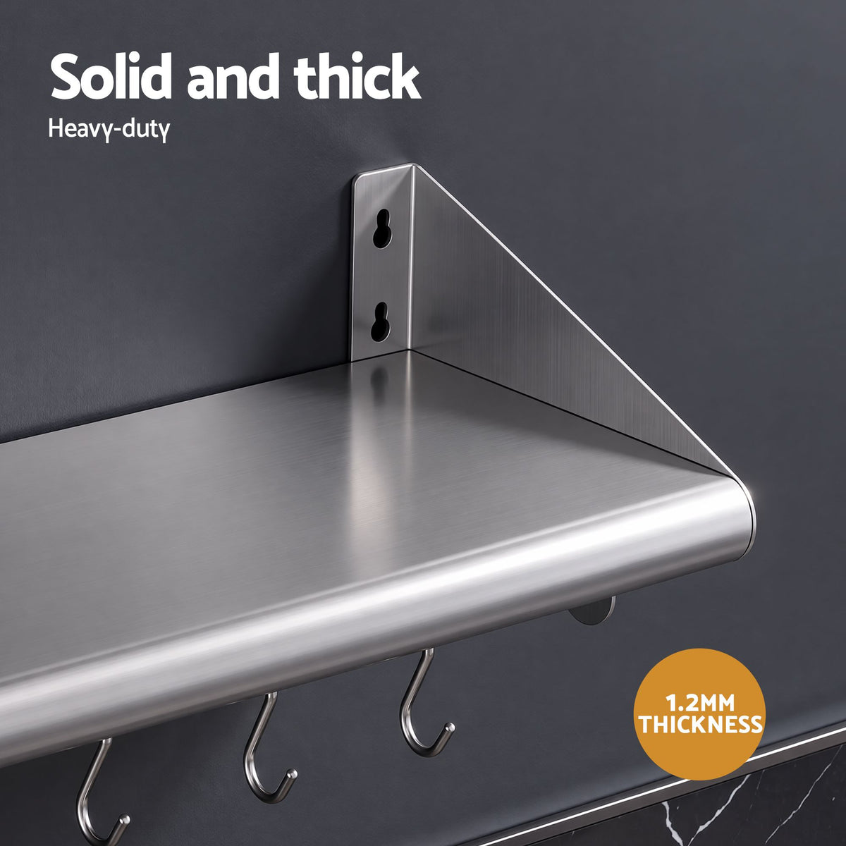 Cefito 610mm Stainless Steel Wall Shelf with Hooks and Side Guards
