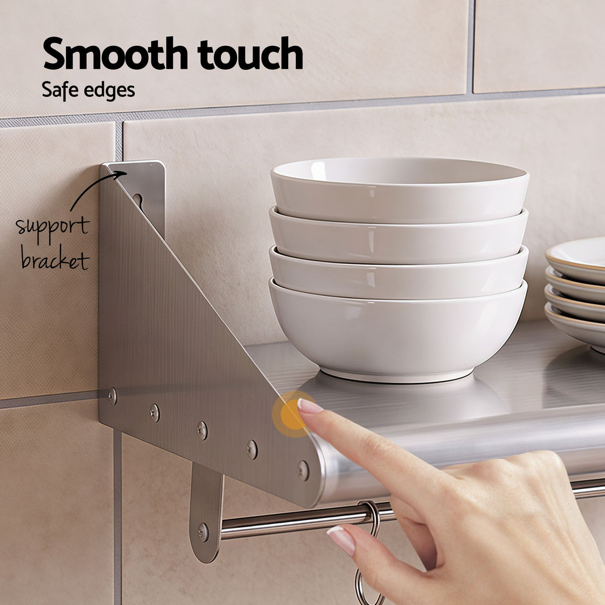 Cefito 610mm Stainless Steel Wall Shelf with Hooks and Side Guards