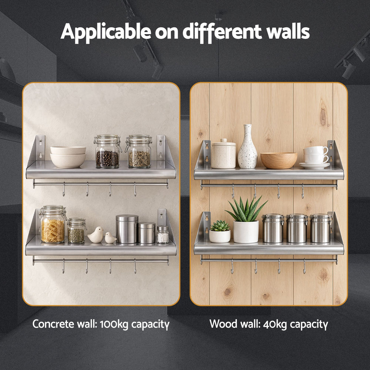 Cefito 610mm Stainless Steel Wall Shelf with Hooks and Side Guards