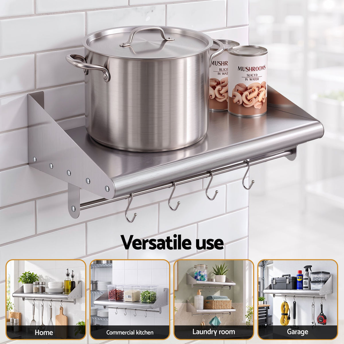 Cefito 610mm Stainless Steel Wall Shelf with Hooks and Side Guards